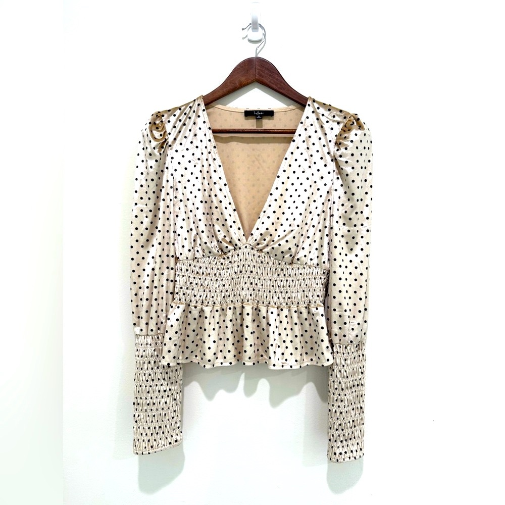 Lulus Chic Cream Upgrade Polka Dot Velvet Smocked Ruffle Top Blouse Medium